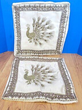 Pair Vintage Shantung Gold Peacock Embroidered Pillow Covers